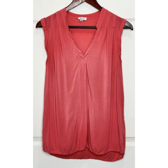 Splendid Womens Coral V-Neck Sleeveless Blouse Solid Pleated Pullover Top Sz L - Picture 1 of 4